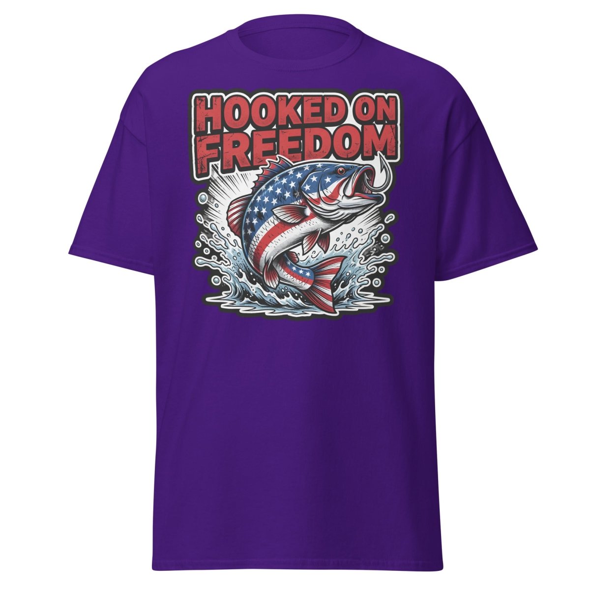 Hooked on Freedom Patriotic Bass Fishing T-Shirt USA Flag - Purple - TeeRipple