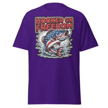 Hooked on Freedom Patriotic Bass Fishing T-Shirt USA Flag - Purple - TeeRipple