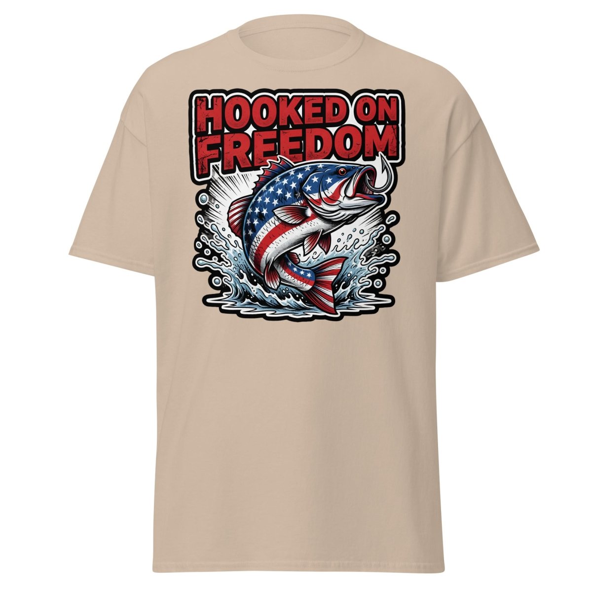 Hooked on Freedom Patriotic Bass Fishing T-Shirt USA Flag - Sand - TeeRipple