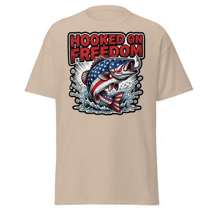 Hooked on Freedom Patriotic Bass Fishing T-Shirt USA Flag - Sand - TeeRipple