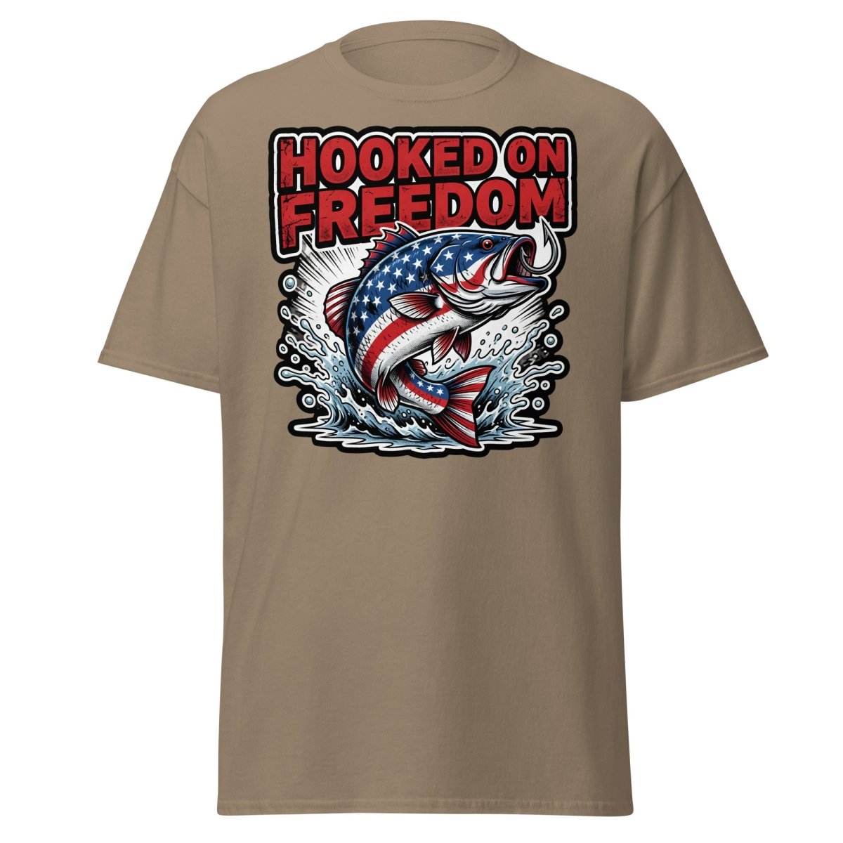 Hooked on Freedom Patriotic Bass Fishing T-Shirt USA Flag - Brown Savana - TeeRipple