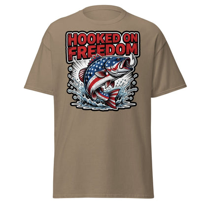 Hooked on Freedom Patriotic Bass Fishing T-Shirt USA Flag - Brown Savana - TeeRipple