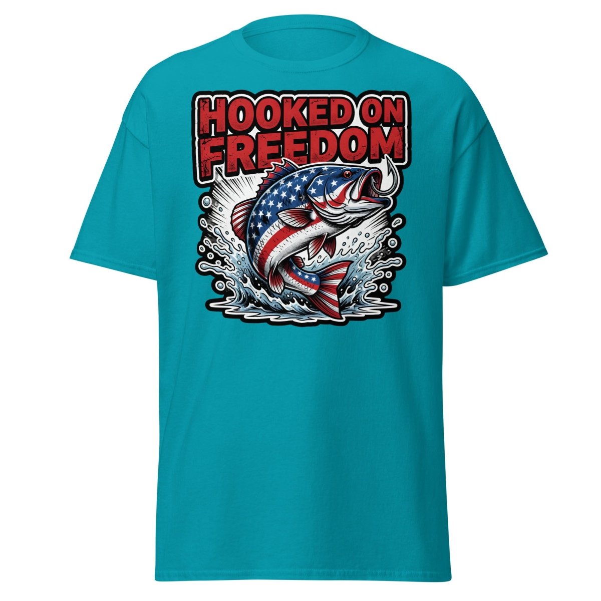 Hooked on Freedom Patriotic Bass Fishing T-Shirt USA Flag - Tropical Blue - TeeRipple