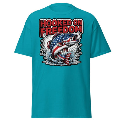 Hooked on Freedom Patriotic Bass Fishing T-Shirt USA Flag - Tropical Blue - TeeRipple