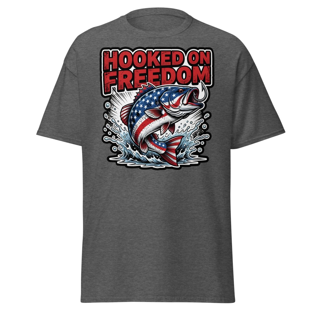 Hooked on Freedom Patriotic Bass Fishing T-Shirt USA Flag - Dark Heather - TeeRipple