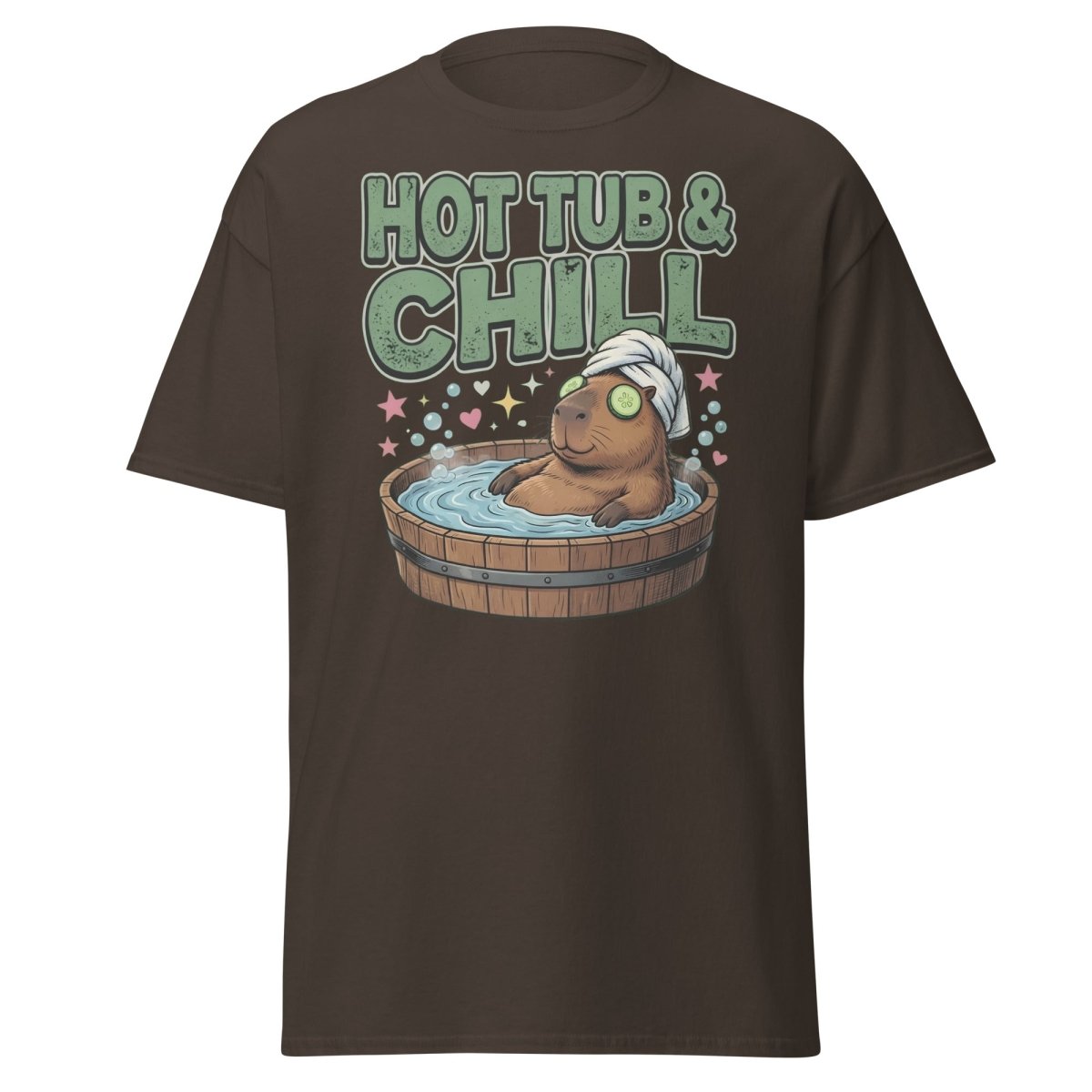 Hot Tub & Chill Capybara T-Shirt - Funny Relaxing Tee - Dark Chocolate - TeeRipple