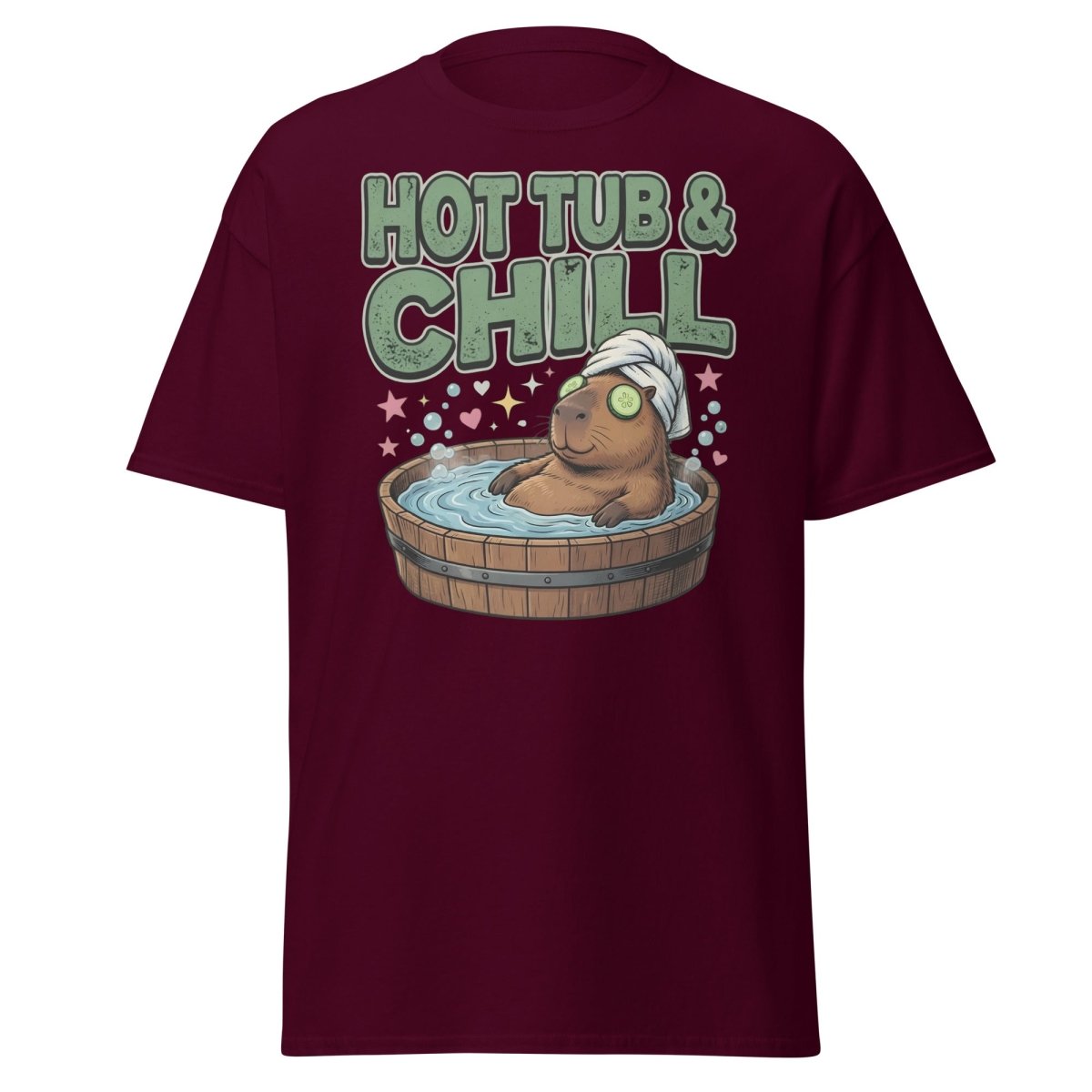 Hot Tub & Chill Capybara T-Shirt - Funny Relaxing Tee - Maroon - TeeRipple