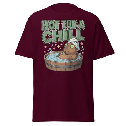 Hot Tub & Chill Capybara T-Shirt - Funny Relaxing Tee - Maroon - TeeRipple