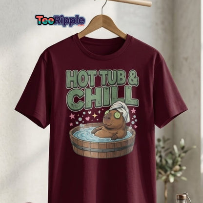 Hot Tub & Chill Capybara T-Shirt - Funny Relaxing Tee - Maroon - TeeRipple
