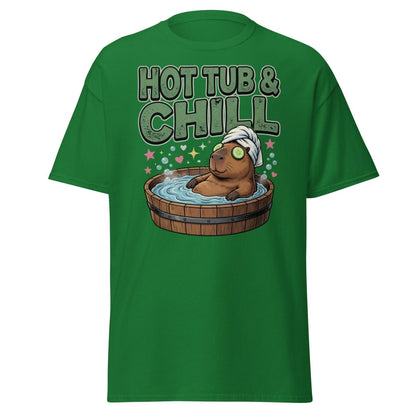 Hot Tub & Chill Capybara T-Shirt - Funny Relaxing Tee - Turf Green - TeeRipple