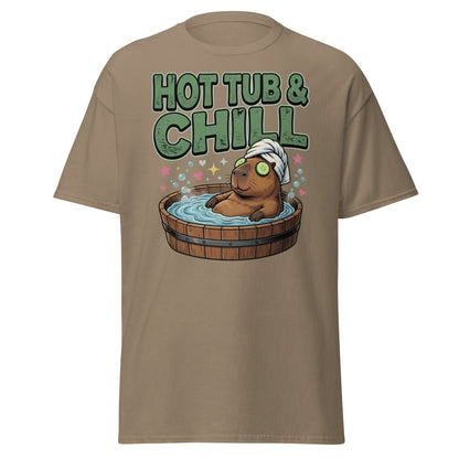 Hot Tub & Chill Capybara T-Shirt - Funny Relaxing Tee - Brown Savana - TeeRipple