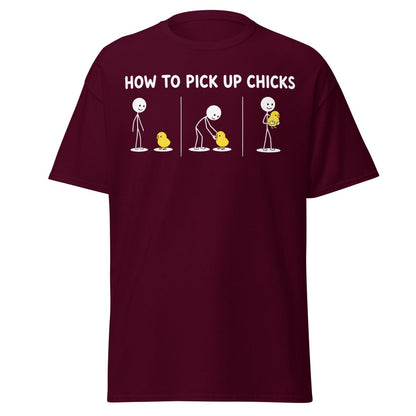 How to Pick Up Chicks Funny Comic Tee - Maroon - TeeRipple