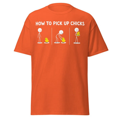 How to Pick Up Chicks Funny Comic Tee - Orange - TeeRipple