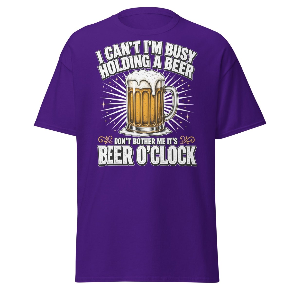 I Can't I'm Busy Holding a Beer T-Shirt - Purple - TeeRipple