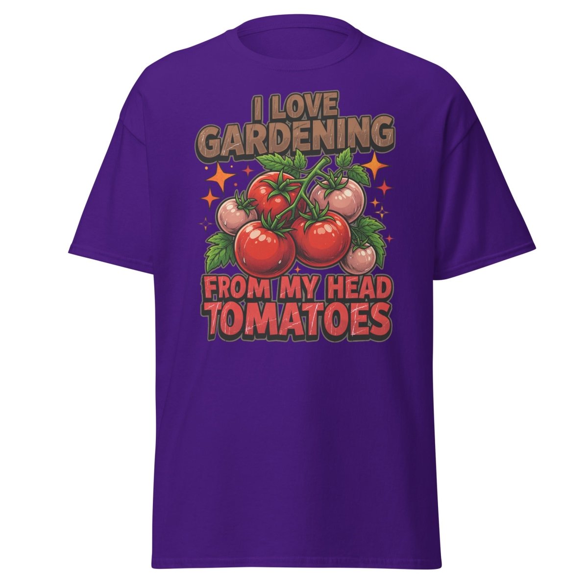 I Love Gardening From My Head Tomatoes T-Shirt | Funny Tomato Pun Tee - Purple - TeeRipple