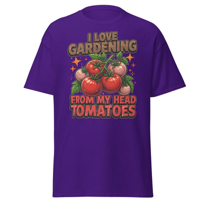 I Love Gardening From My Head Tomatoes T-Shirt | Funny Tomato Pun Tee - Purple - TeeRipple