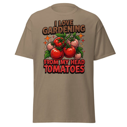 I Love Gardening From My Head Tomatoes T-Shirt | Funny Tomato Pun Tee - Brown Savana - TeeRipple