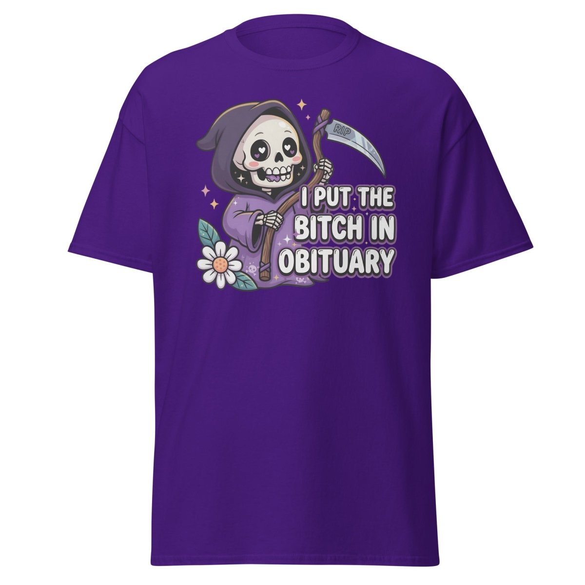 I Put the Bitch in Obituary Grim Reaper T-Shirt - Purple - TeeRipple
