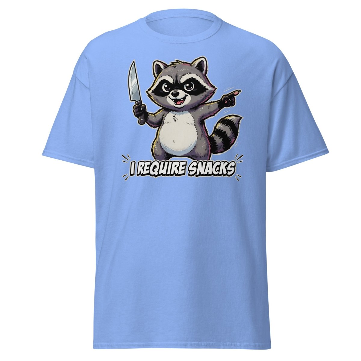 I Require Snacks Raccoon T-Shirt – Funny Meme Tee - Carolina Blue - TeeRipple