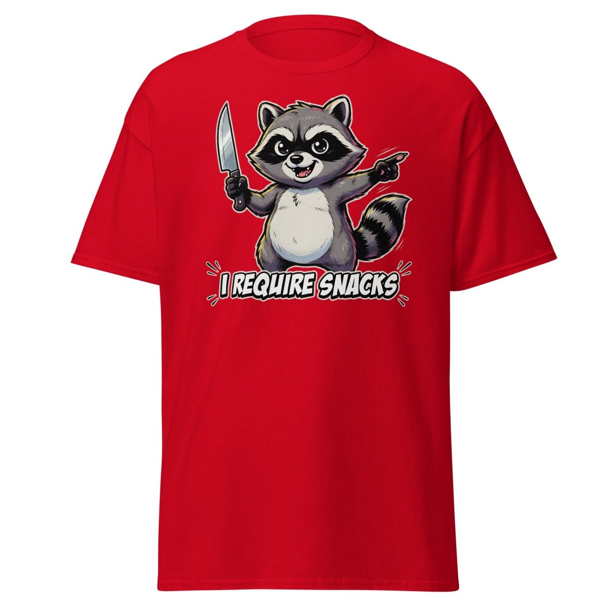 I Require Snacks Raccoon T-Shirt – Funny Meme Tee - Red - TeeRipple
