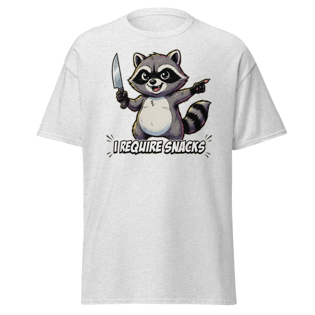 I Require Snacks Raccoon T-Shirt – Funny Meme Tee - Ash - TeeRipple