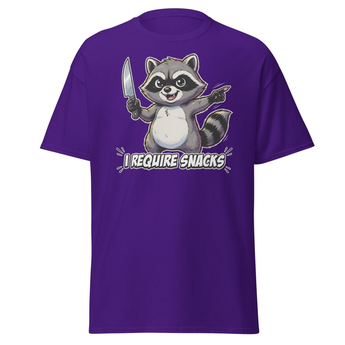 I Require Snacks Raccoon T-Shirt – Funny Meme Tee - Purple - TeeRipple