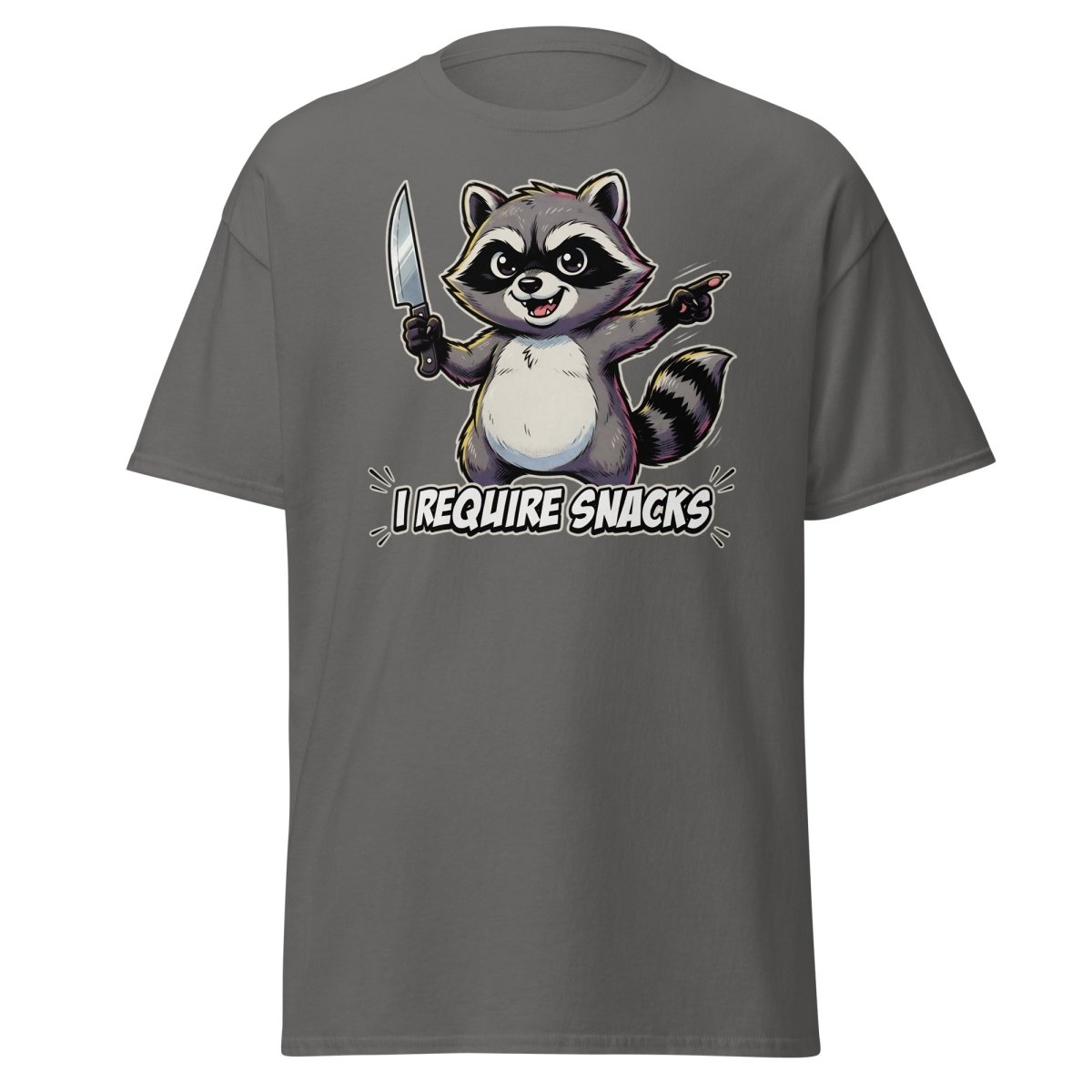 I Require Snacks Raccoon T-Shirt – Funny Meme Tee - Charcoal - TeeRipple