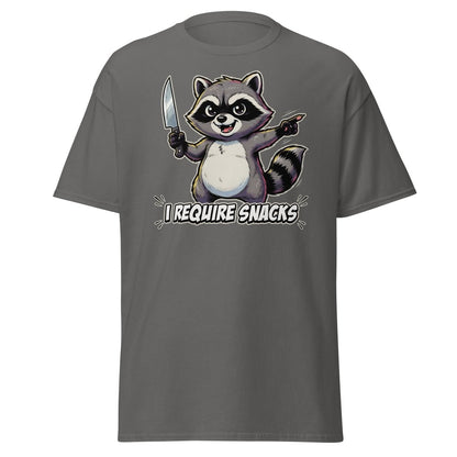 I Require Snacks Raccoon T-Shirt – Funny Meme Tee - Charcoal - TeeRipple