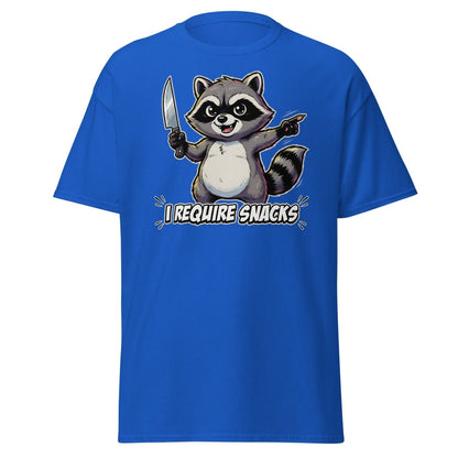 I Require Snacks Raccoon T-Shirt – Funny Meme Tee - Royal - TeeRipple