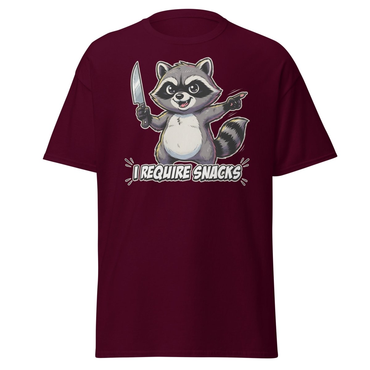 I Require Snacks Raccoon T-Shirt – Funny Meme Tee - Maroon - TeeRipple