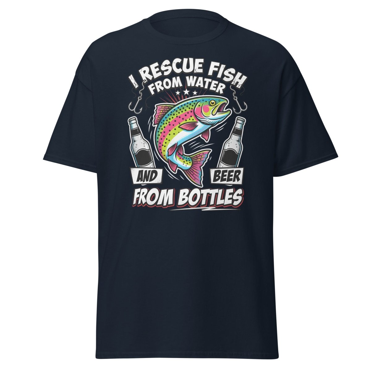 I Rescue Fish & Beer From Bottles T-Shirt | Funny Fishing Tee - Navy - TeeRipple