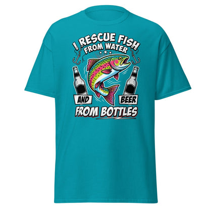 I Rescue Fish & Beer From Bottles T-Shirt | Funny Fishing Tee - Tropical Blue - TeeRipple