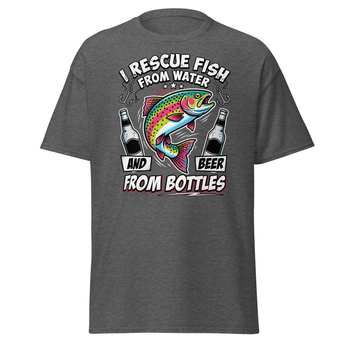I Rescue Fish & Beer From Bottles T-Shirt | Funny Fishing Tee - Dark Heather - TeeRipple