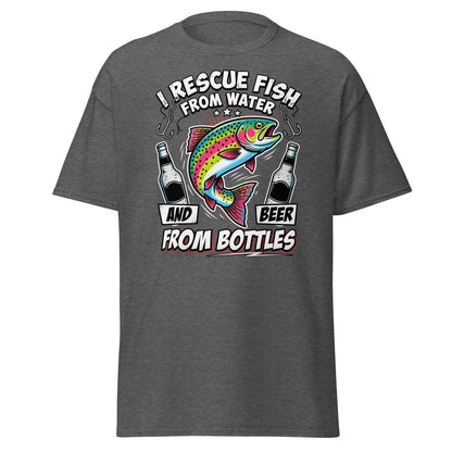 I Rescue Fish & Beer From Bottles T-Shirt | Funny Fishing Tee - Dark Heather - TeeRipple