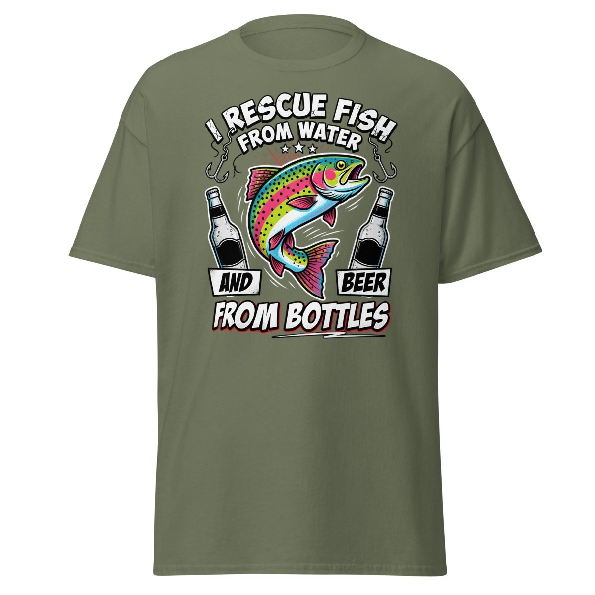 I Rescue Fish & Beer From Bottles T-Shirt | Funny Fishing Tee - Military Green - TeeRipple