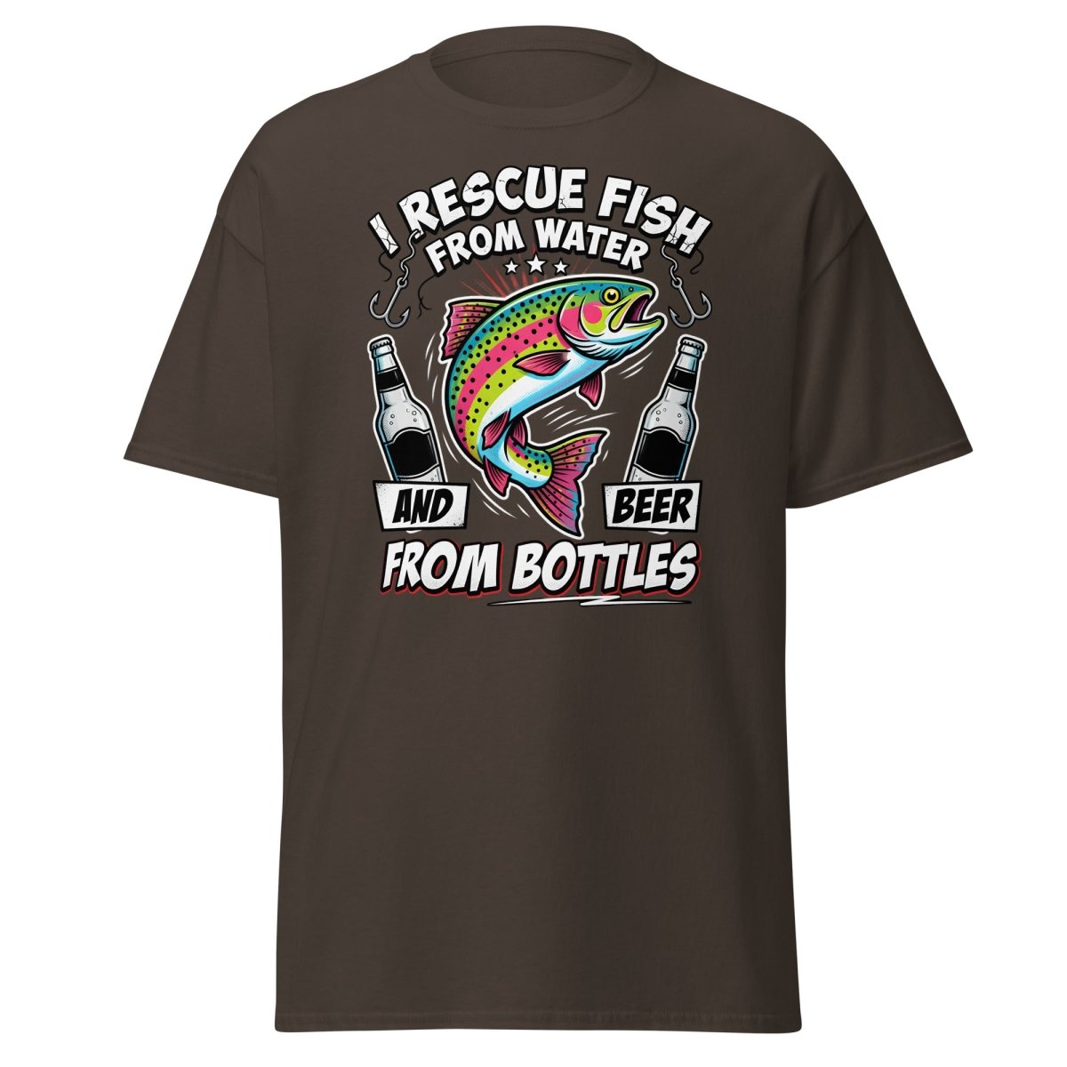 I Rescue Fish & Beer From Bottles T-Shirt | Funny Fishing Tee - Dark Chocolate - TeeRipple