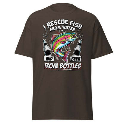 I Rescue Fish & Beer From Bottles T-Shirt | Funny Fishing Tee - Dark Chocolate - TeeRipple