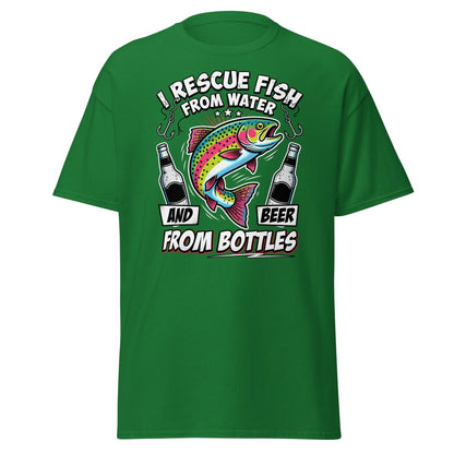 I Rescue Fish & Beer From Bottles T-Shirt | Funny Fishing Tee - Turf Green - TeeRipple
