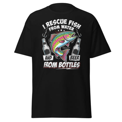 I Rescue Fish & Beer From Bottles T-Shirt | Funny Fishing Tee - Black - TeeRipple