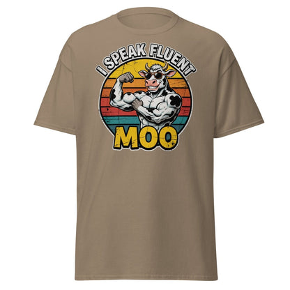I Speak Fluent Moo Funny Cow T-Shirt – Retro Gym Tee - Brown Savana - TeeRipple