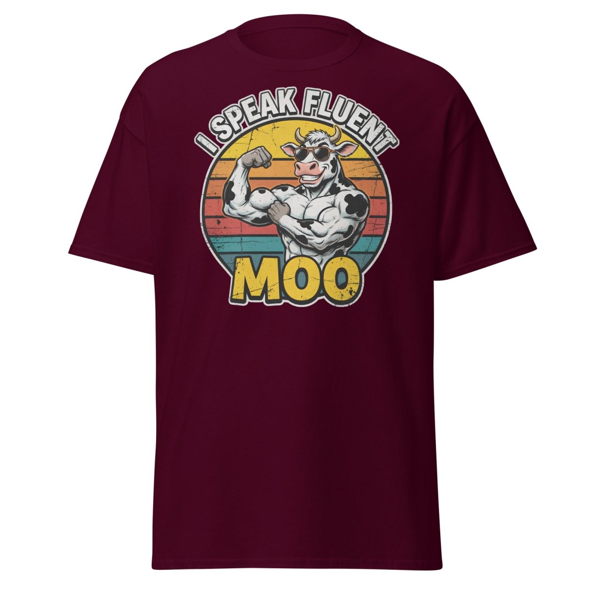 I Speak Fluent Moo Funny Cow T-Shirt – Retro Gym Tee - Maroon - TeeRipple