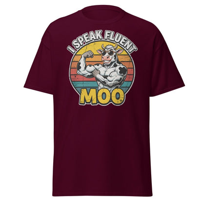 I Speak Fluent Moo Funny Cow T-Shirt – Retro Gym Tee - Maroon - TeeRipple