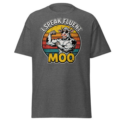 I Speak Fluent Moo Funny Cow T-Shirt – Retro Gym Tee - Dark Heather - TeeRipple