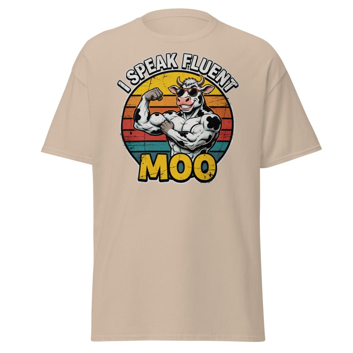 I Speak Fluent Moo Funny Cow T-Shirt – Retro Gym Tee - Sand - TeeRipple