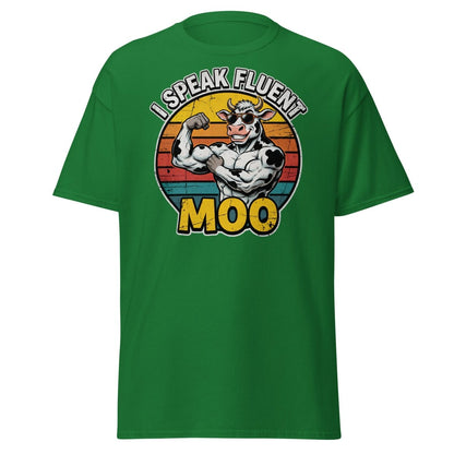 I Speak Fluent Moo Funny Cow T-Shirt – Retro Gym Tee - Turf Green - TeeRipple