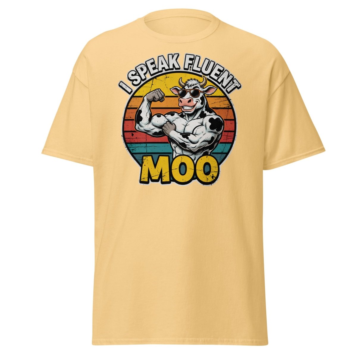I Speak Fluent Moo Funny Cow T-Shirt – Retro Gym Tee - Yellow Haze - TeeRipple