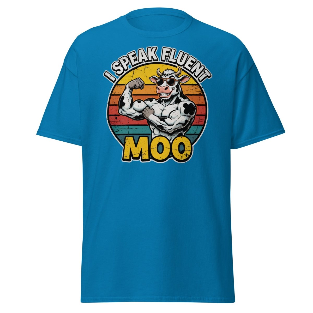 I Speak Fluent Moo Funny Cow T-Shirt – Retro Gym Tee - Sapphire - TeeRipple