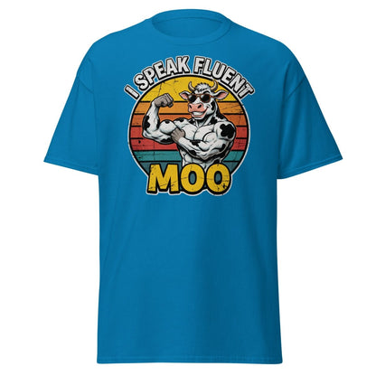 I Speak Fluent Moo Funny Cow T-Shirt – Retro Gym Tee - Sapphire - TeeRipple
