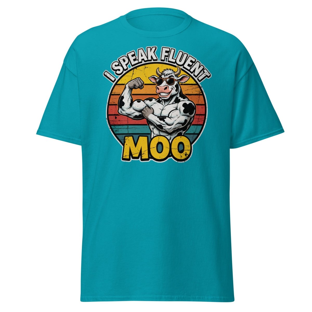 I Speak Fluent Moo Funny Cow T-Shirt – Retro Gym Tee - Tropical Blue - TeeRipple