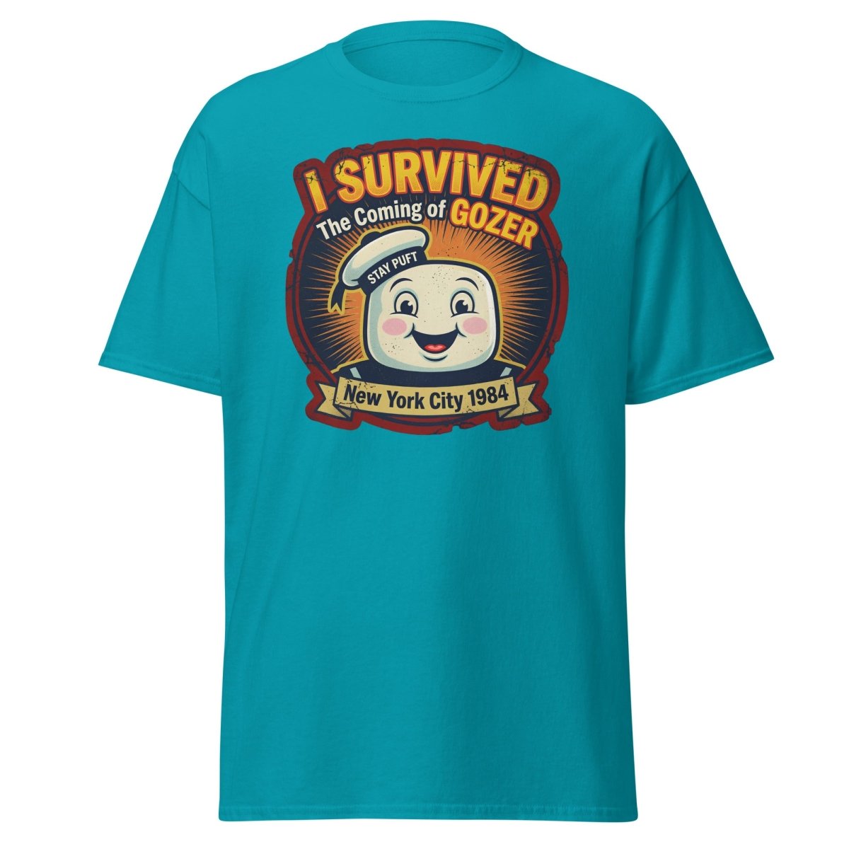 I Survived The Coming of Gozer Ghostbusters Stay Puft T-Shirt - Tropical Blue - TeeRipple